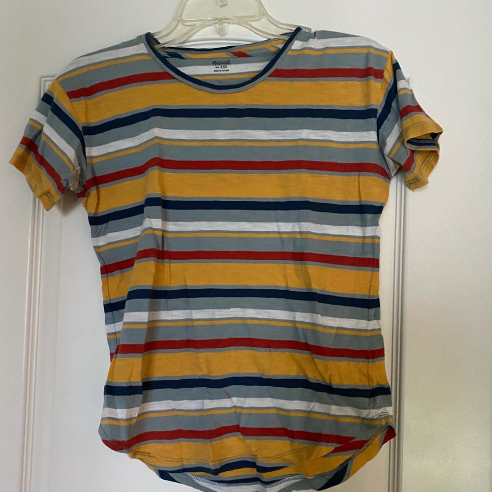 Red, blue and yellow stripped made well t-shirt